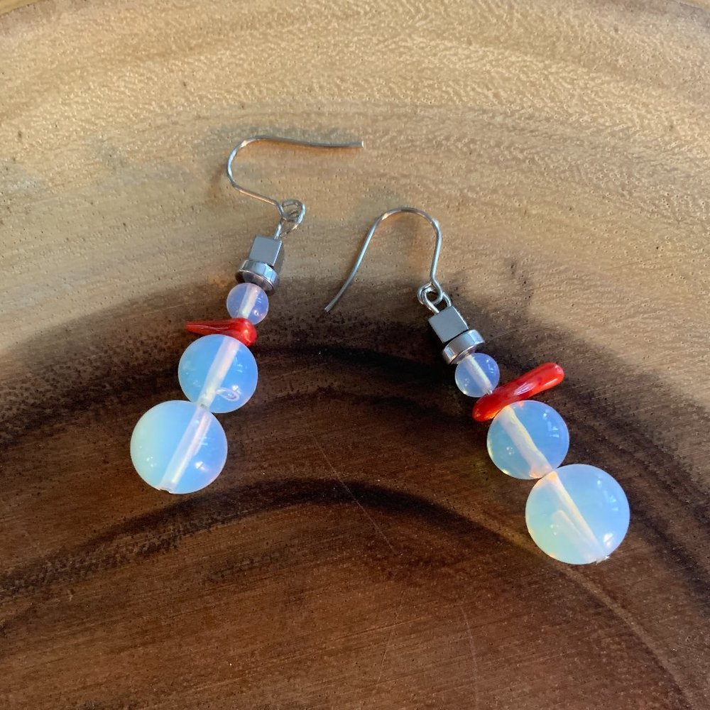 Handmade Christmas Snowman Earrings Genuine Gemstones & Stainless Steel